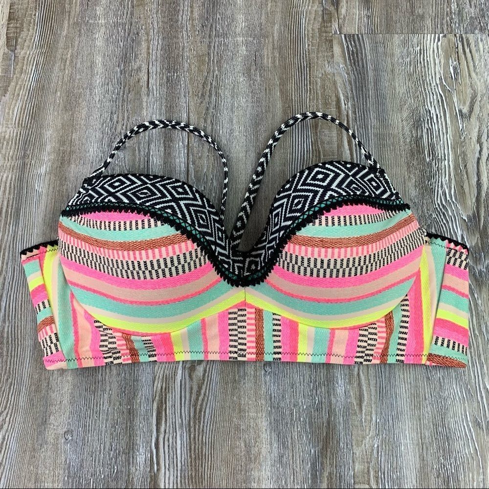 Shade & Shore Neon Stripe Bustier Swim Top SZ 38 C